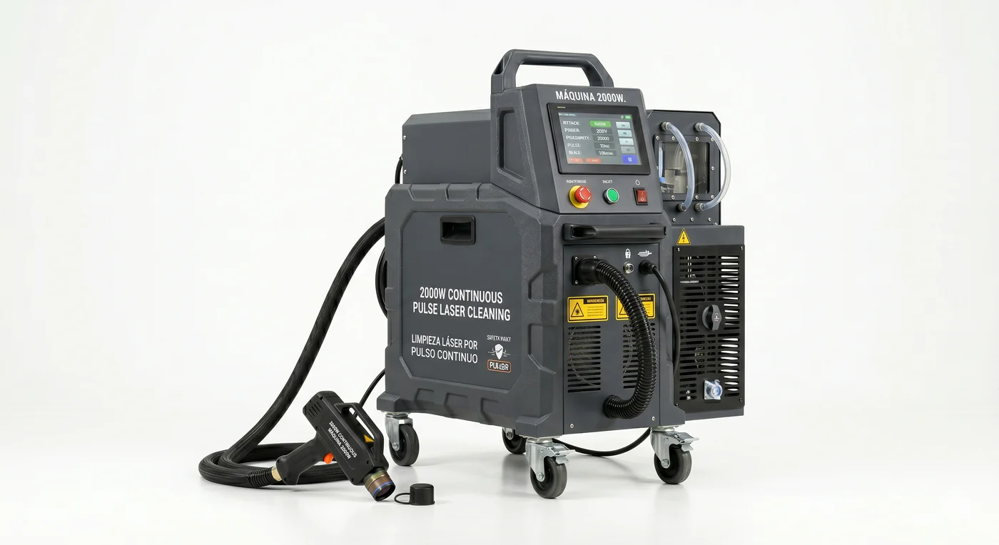 Máquina de limpieza láser ECOLASER 2000W pulso continuo sobre fondo blanco