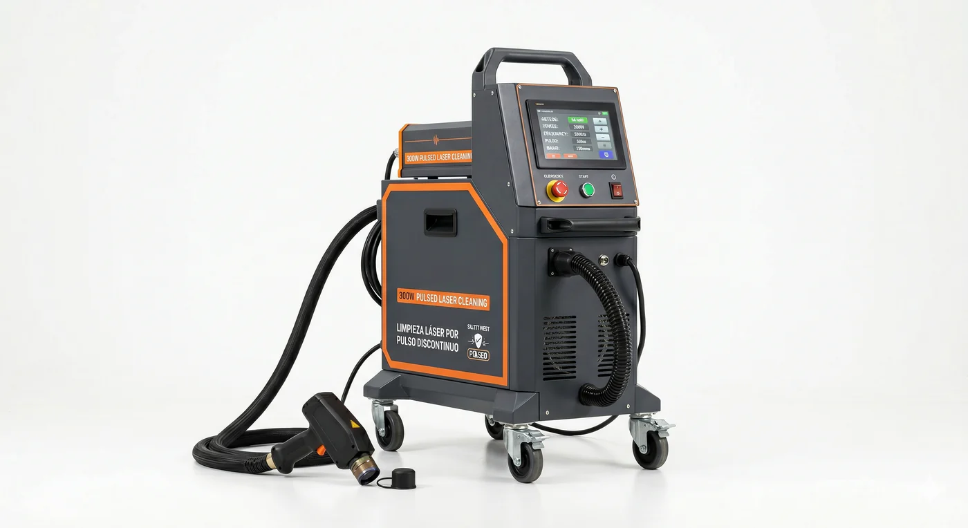 Máquina de limpieza láser ECOLASER 300W pulso discontinuo sobre fondo blanco