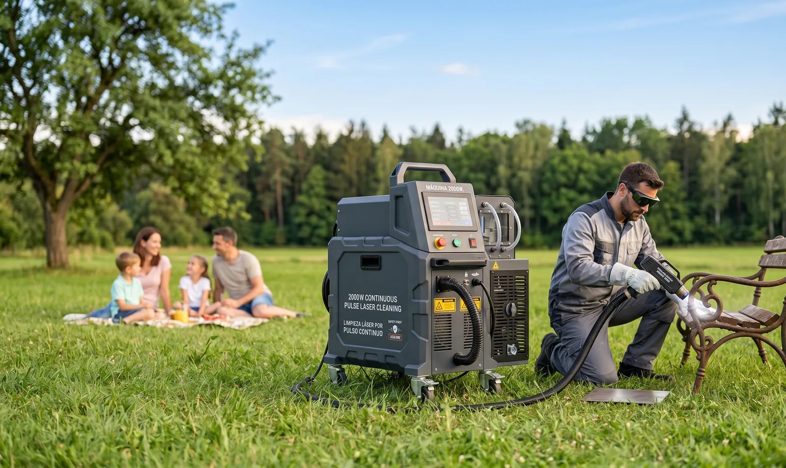 Máquina láser ECOLASER en campo — imagen hero ecológica