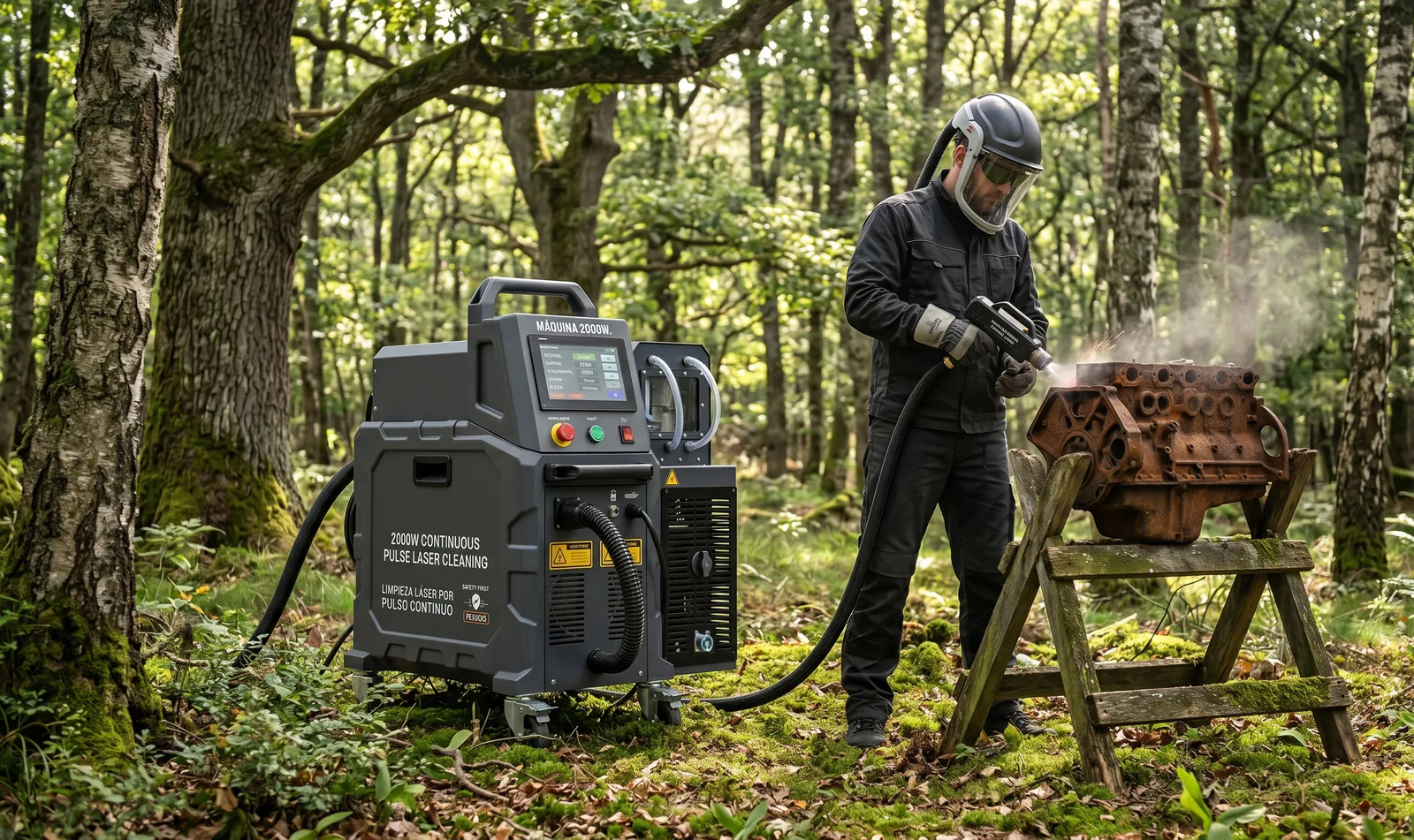 Máquina láser ECOLASER en clearing de bosque con operario