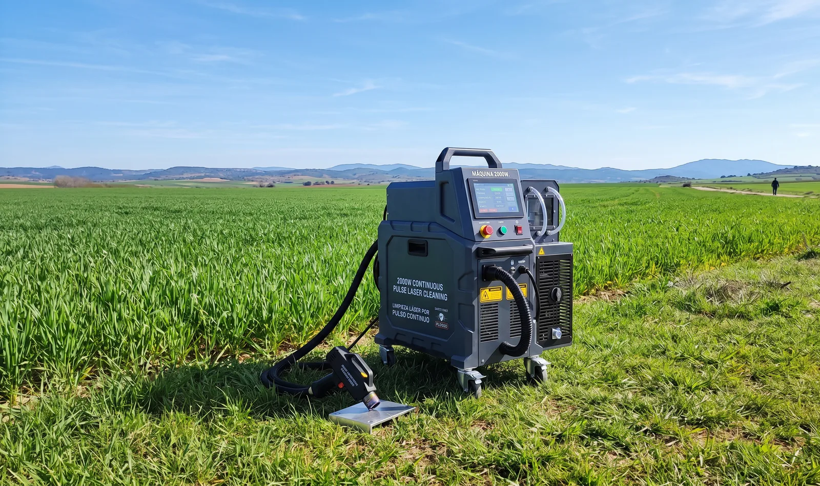 Equipo láser ECOLASER en campo agrícola verde