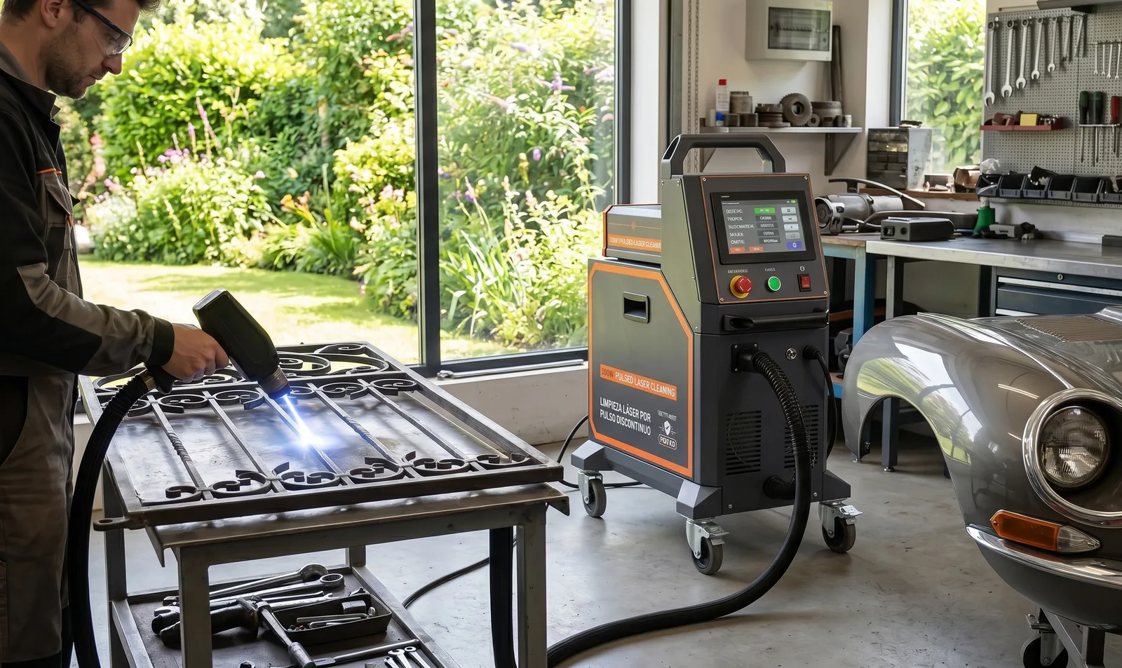 Láser ECOLASER 300W limpiando pieza en taller de particulares