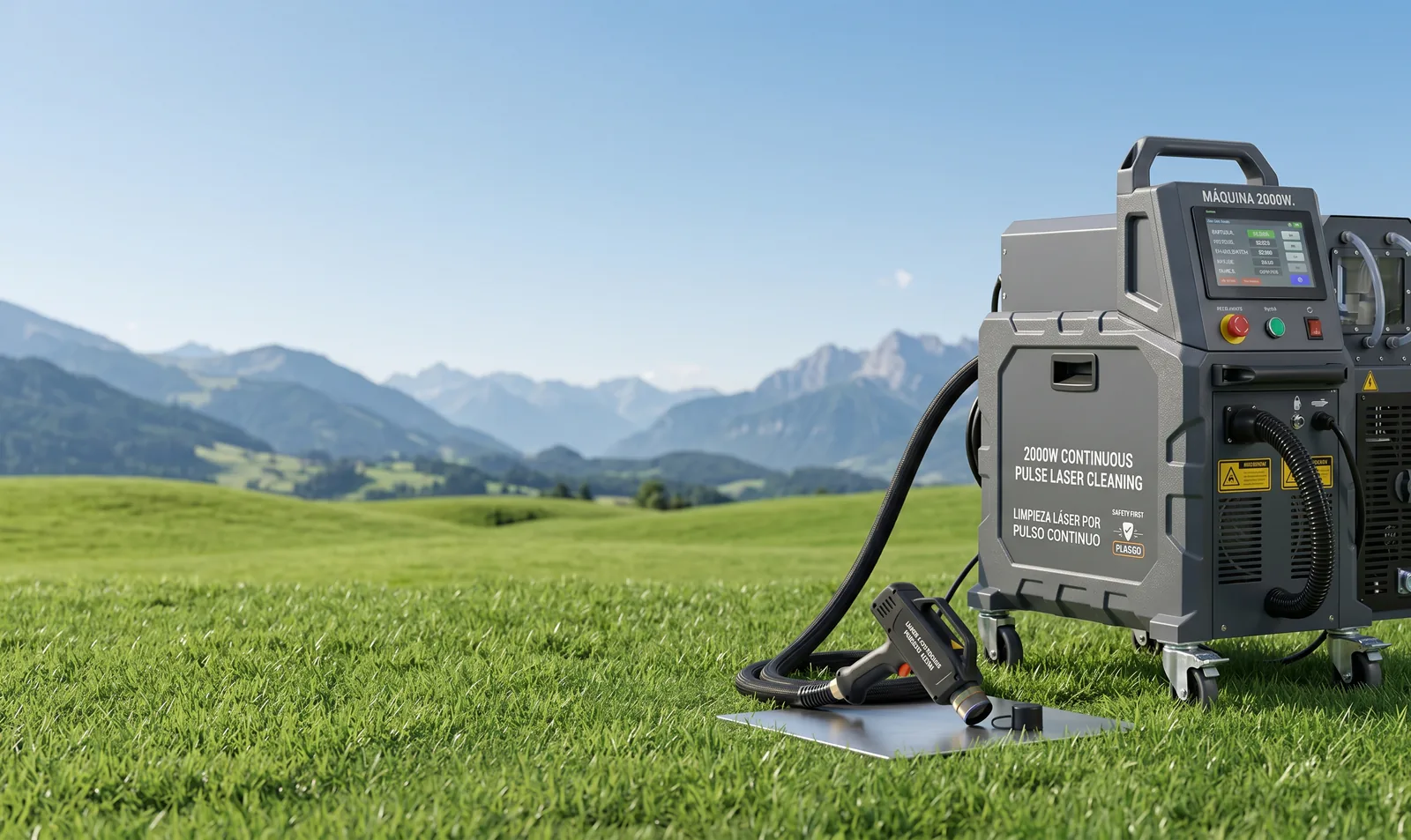 Máquina láser ECOLASER sola en pradera con montañas